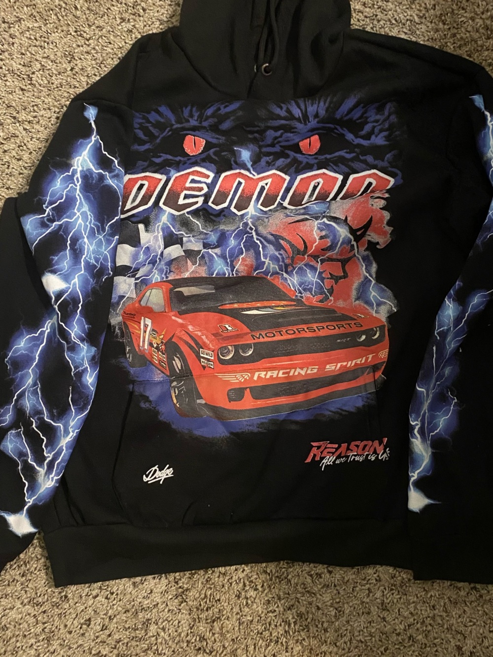 Reason X dodge Black Hoodie with Red Race Car and Blue Lightning Graphic